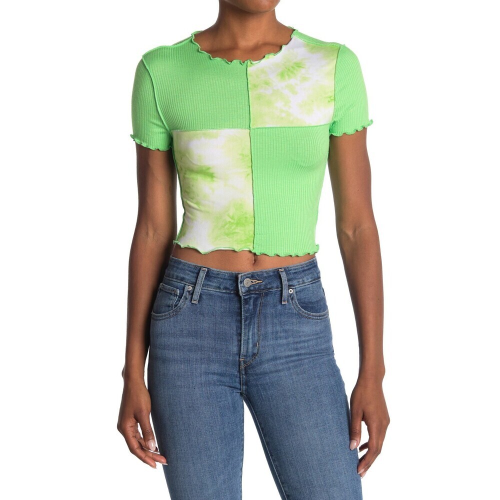Abound Woman's Tie Dye Colorblock Lettuce Edge Crop Top In Green Size L